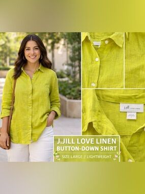 J. Jill Love Linen Button Down Shirt Large 100% Linen Lime Green